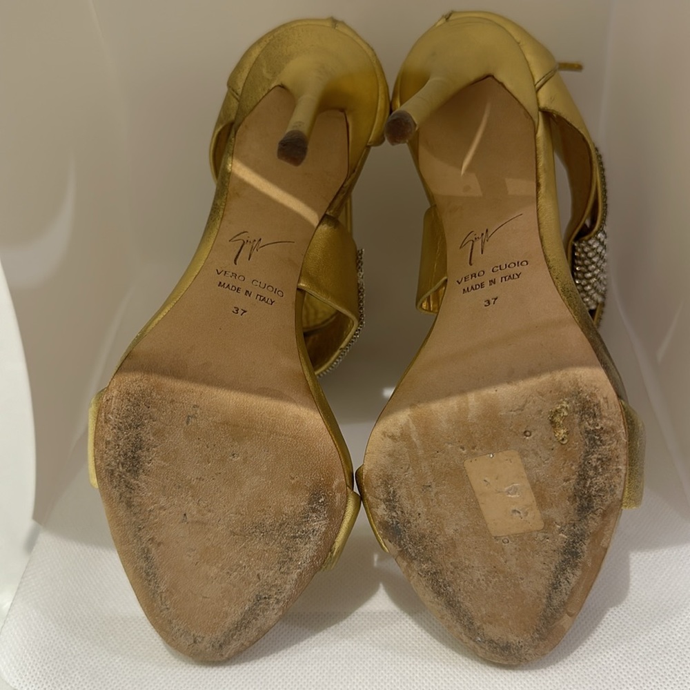 Giuseppe Zanotti Gold Leather Crystal Evening Heels Size 37 - Picture 10 of 10